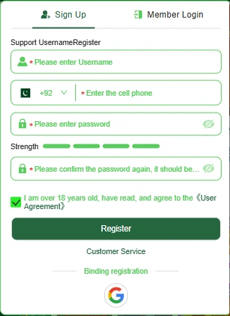 User signing up on 87 Lucky Club app with mobile number on Android in Pakistan